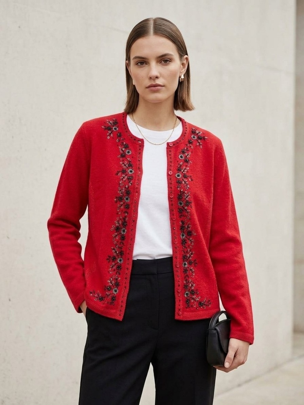Jones New York Merino Wool Red Beaded Embroidered Cardigan Sweater Size S Excell